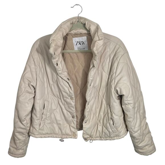 Zara Faux Leather Quilted Puffer Jacket Women's Medium Cropped Ivory - Picture 11 of 13